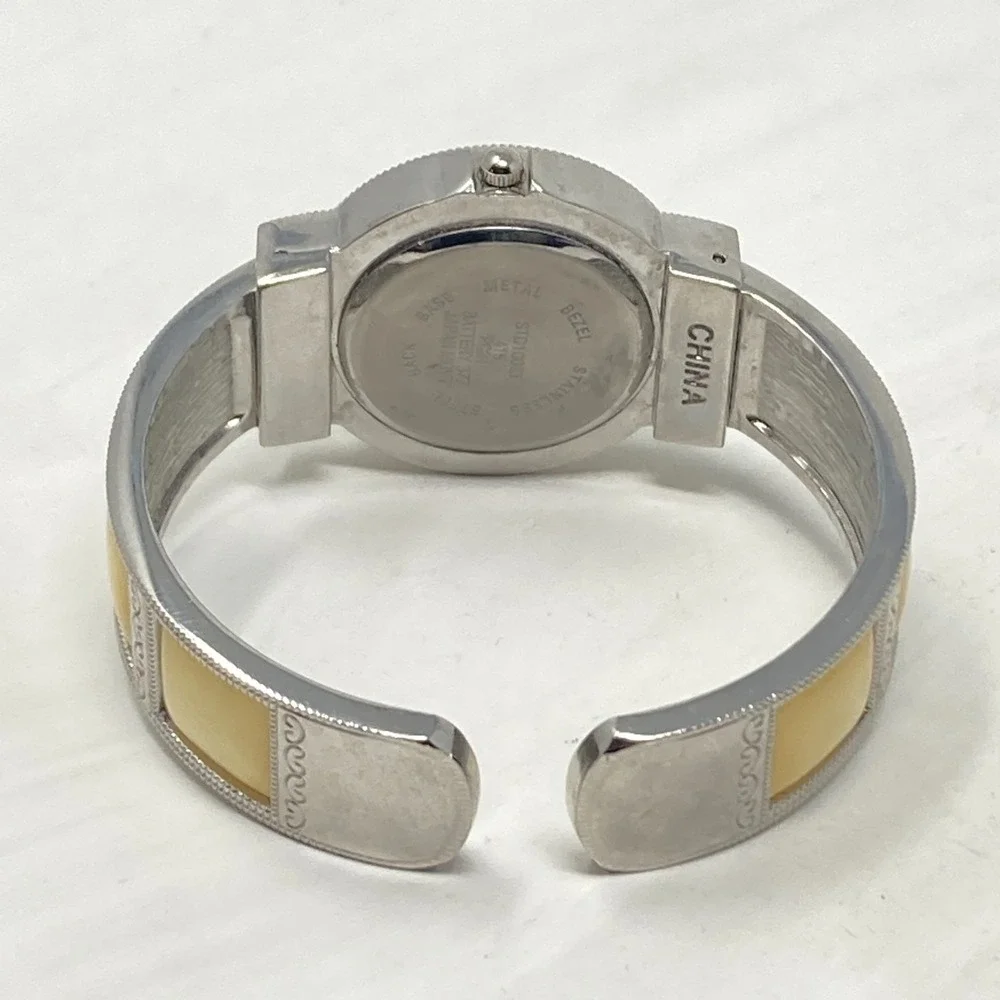 Studio Time Watch Women 32mm Silver Tone Yellow MOP Inlay Cuff Bling New Battery